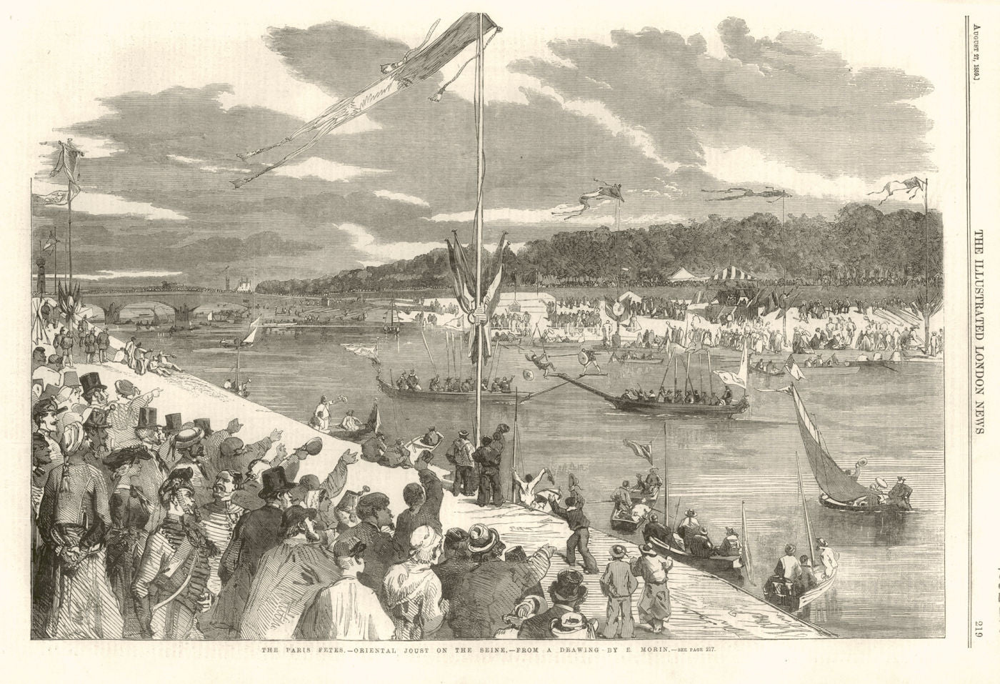 The Paris Fetes - Oriental Joust on the Seine 1859 old antique print picture